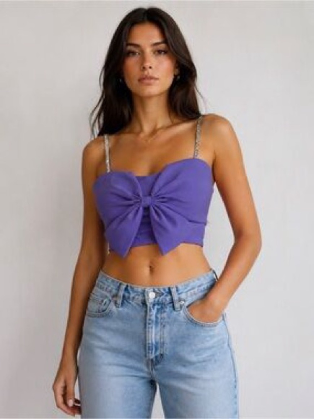 Bagatelle Purple Bow-Front Crop Top with rhinestones Straps